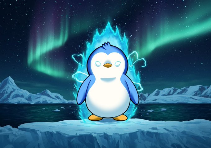 iced penguin stands on a rocky cliff, gazing at the blue sky with green and purple Northern Lights, set against a snowy mountain backdrop.
