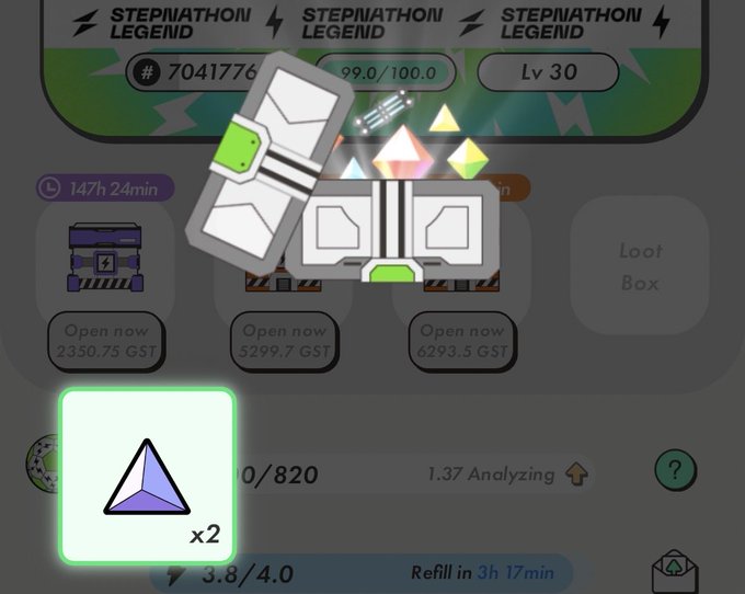 A mobile game interface showing 'STEPNATHON LEGEND' loot boxes with prices in GST (2350.75, 5299.7, 6293.5 GST), an analyzing progress bar, and a green-glowing ETH token item with x2 multiplier.