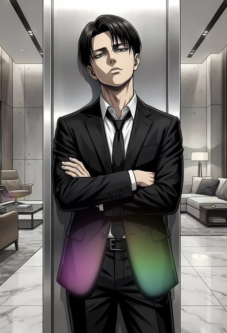 A manhwa-style illustration of a man in a black suit and tie with his arms crossed, standing in a modern, elegant interior with rainbow light effects at the bottom.