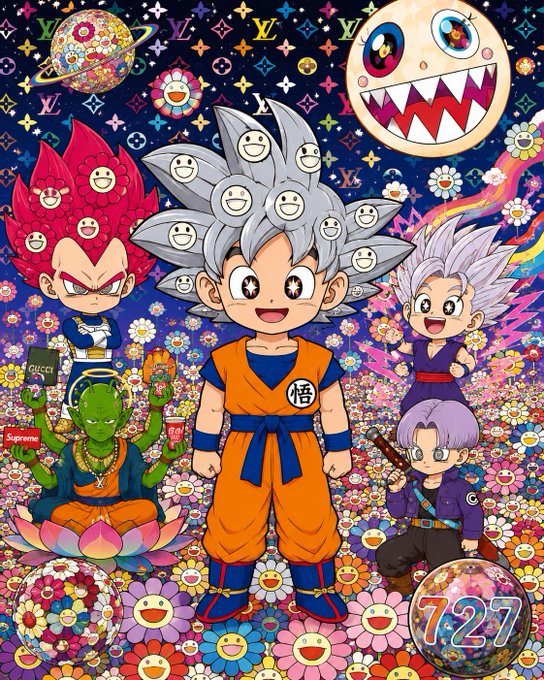 A vibrant, Takashi Murakami-inspired pop art illustration featuring multiple chibi-style Dragon Ball characters with starry eyes and flower motifs, including Goku, Vegeta, Gohan, and Piccolo, set against a cosmic background with a smiling moon and Gucci/Supreme-branded planets.
