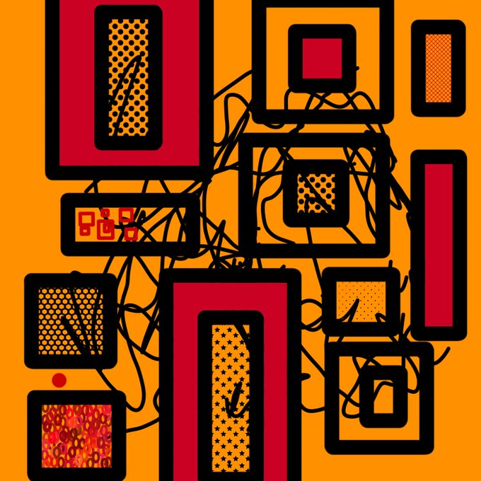 An abstract composition of nested black, red, and orange geometric rectangles connected by a tangle of scribbled black lines, echoing the word "Yellow" through its dominant warm-toned background and shape arrangement.
