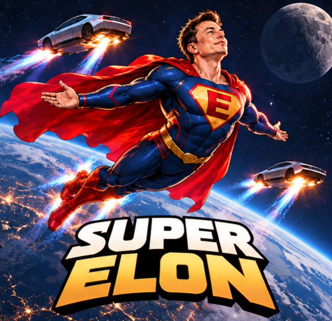 The image is a superhero-style digital artwork featuring a muscular figure soaring through space above Earth, with a flowing red cape and a chest emblem shaped like the letter "E," flanked by futuristic flying cars (resembling Teslas) emitting rocket flames and a large moon in the background. Bold text at the bottom reads "SUPER ELON," directly tying into the post's promotional message about a "$SuperElon" meme token airdrop, where the imagery casts Elon Musk as a superhero propelling Tesla forward in an epic, grandiose manner to hype the limited 100-wallet giveaway.
