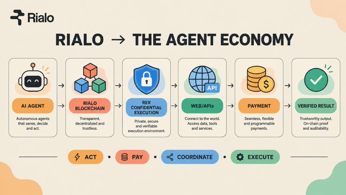 An infographic titled "RIALO → THE AGENT ECONOMY" showing a workflow from AI Agent through Rialo Blockchain, Rex Confidential Execution, Web/APIs, Payment, to Verified Result, with action tags: ACT, PAY, COORDINATE, EXECUTE.