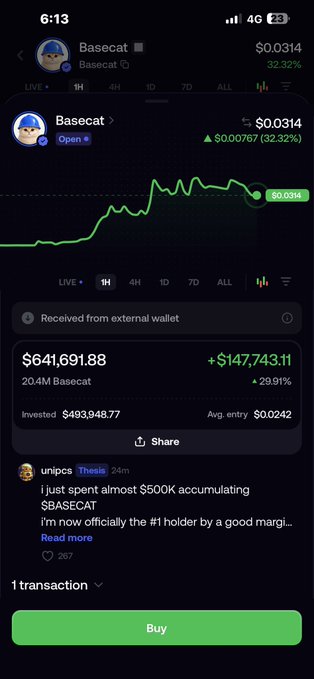 The image shows a mobile trading app displaying the Basecat (Basecat) token on Base, with a current price of $0.0314 (up 32.32%), showing an account holding 20.4M Basecat valued at $641,691.88 with a $147,743.11 gain, alongside a screenshot of @unipcs's tweet stating "I just spent almost $500K accumulating $BASECAT. I'm now officially the #1 holder by a good margin." This aligns with the post celebrating Base ecosystem activity on @o1_exchange and highlighting @theunipcs's prominent role in accumulating the $BASECAT token.