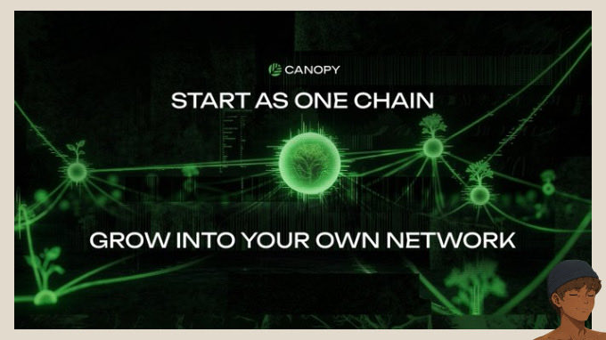 A dark green tech-themed promotional graphic from 'Canopy' with the tagline 'START AS ONE CHAIN / GROW INTO YOUR OWN NETWORK', showing a glowing network of connected nodes with tree-like icons, and a small cartoon character in the bottom right corner.