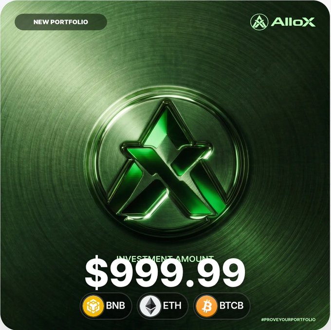 A promotional graphic branded with the "AlloX" logo announcing a "NEW PORTFOLIO" with an investment amount of "$999.99," accepting BNB, ETH, and BTCB as payment, accompanied by the hashtag #PROVEYOURPORTFOLIO. It visually represents the user's portfolio showcase shared via @alloxdotai as part of the #ProveYourPortfolio campaign.