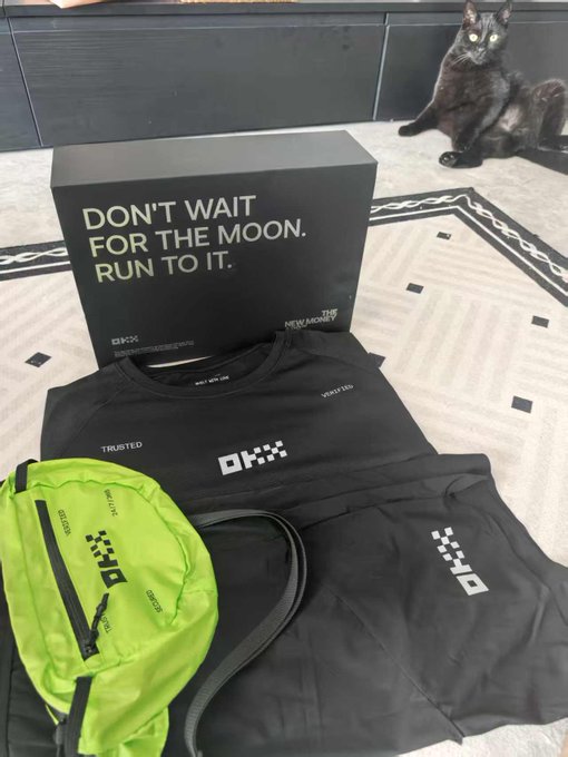 A black OKX-branded box reading 'DON'T WAIT FOR THE MOON. RUN TO IT.' sits on a tiled floor next to a black OKX t-shirt and a neon green bag, with a black cat watching from the background.