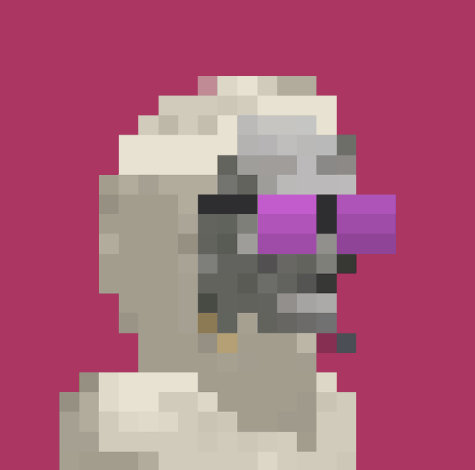 A pixelated PFP-style digital artwork featuring a hooded figure with a glitchy purple visor set against a magenta background. The image serves as a stylized profile picture celebrating the artist's inclusion in an NFT drop, complementing the post's message about receiving a special token and congratulating the project creator on the "insane drop."