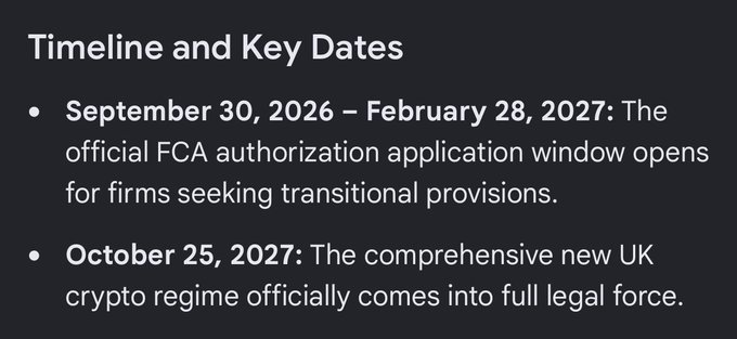 **Caption:** A slide titled "Timeline and Key Dates" outlines the UK FCA's crypto regulatory schedule, highlighting a September 30, 2026–February 28, 2027 application window for transitional provisions and the October 25, 2027 full legal force date for the new crypto regime.

**Relation to the post:** This image visually supplements Day 24's discussion of the FCA's finalized crypto asset regulatory framework by providing the specific implementation timeline, showing when firms can apply for transitional authorization and when the comprehensive new rules officially take effect.