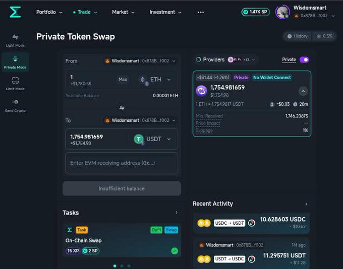 A screenshot of a 'Private Token Swap' interface on what appears to be a crypto trading platform, showing an ETH to USDT swap of approximately 1,754.98 USDT for 1 ETH ($1,780.55), with an 'Insufficient balance' message displayed.