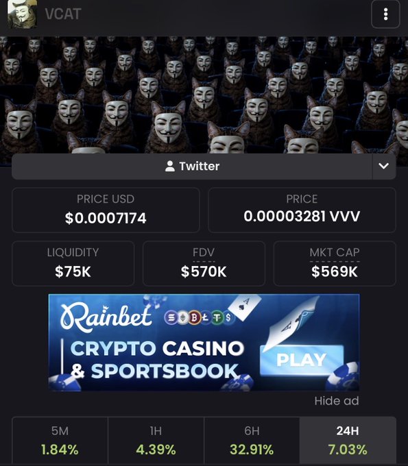 A cryptocurrency page for 'VCAT' displays a repeating cat mask background, showing a price of $0.0007174, liquidity of $75K, and a market cap of $569K, with a Rainbet crypto casino advertisement.