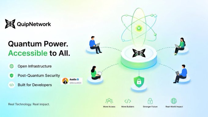 A promotional graphic for QuipNetwork with the text 'Quantum Power. Accessible to All.', highlighting 'Open Infrastructure', 'Post-Quantum Security', and 'Built for Developers'.