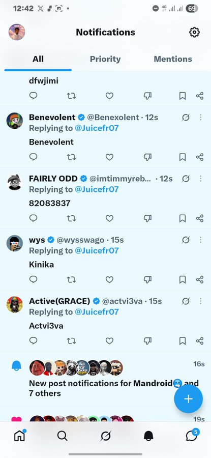A Twitter/X notifications screen showing replies to @Juicefr07 from users Benevolent, FAIRLY ODD, wys, and Active(GRACE), along with new post notifications for Mandroid and 7 others.