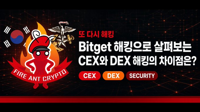 The image is a thumbnail featuring a "Fire Ant Crypto" mascot alongside a Korean flag, with Korean text translating to "Another hacking incident—Is the difference between CEX and DEX hacking smaller than you think?" with tags for CEX, DEX, and Security, directly introducing the video's discussion of the Bitget exchange hack where over 500 billion won was stolen.