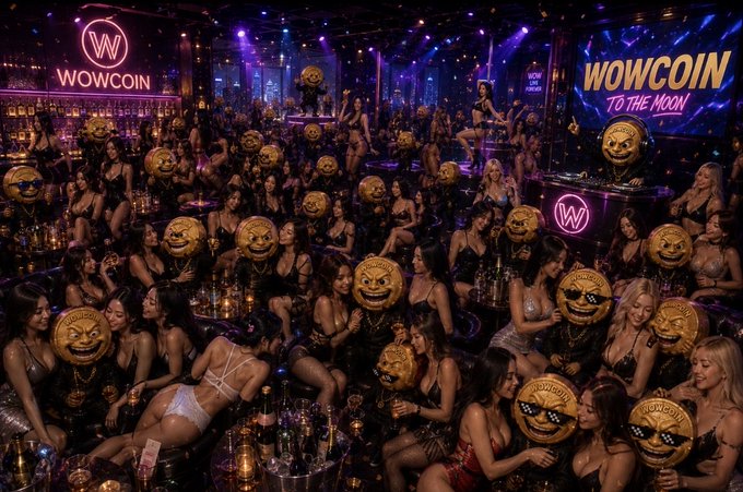 A crowded nightclub scene features many people holding gold "WOWCOIN" emoji-style coins, with "WOWCOIN" logos displayed on screens and neon signs including "TO THE MOON".