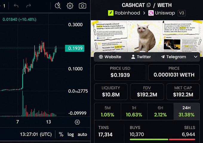 Crypto trading interface showing 'CASHCAT' / WETH on Robinhood and Uniswap V3, with a price chart, price of $0.1939, and a cat meme image.
