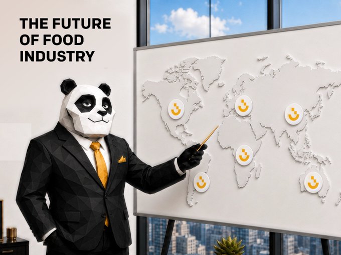 A figure in a suit and yellow tie wearing a panda head mask points at a world map with smiley face markers, titled 'THE FUTURE OF FOOD INDUSTRY'.
