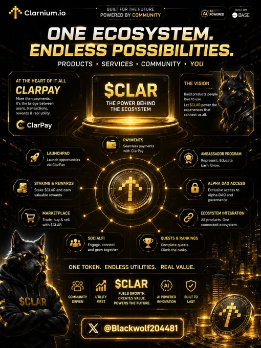 The image features a poster for a cryptocurrency called @clarnium, which is designed with a black background and gold accents. The poster includes a logo of a wolf standing next to a building, symbolizing the ecosystem behind the project. It also displays various icons representing different aspects of the project, such as tokens, payments, and transactions. The text on the poster highlights the importance of focusing on the ecosystem rather than just one product or service, emphasizing that @clarnium is interested in connecting multiple pieces to create a growing platform for users.