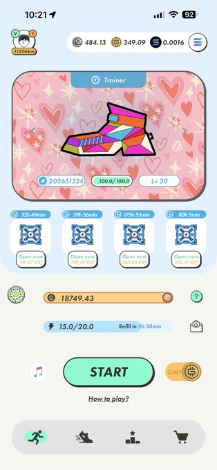 The image shows a phone screen displaying an app called "Stepn" with a pink background featuring a cartoon character walking through a city scene, accompanied by a heart icon. The app appears to be designed for casual strolls or exercise routines, as indicated by the text on the screen that reads "I'M HEADING OUT TO Takashimaya now Trainers and walkers really come in handy for casual strolls like this—they're super convenient!! #STEPN".