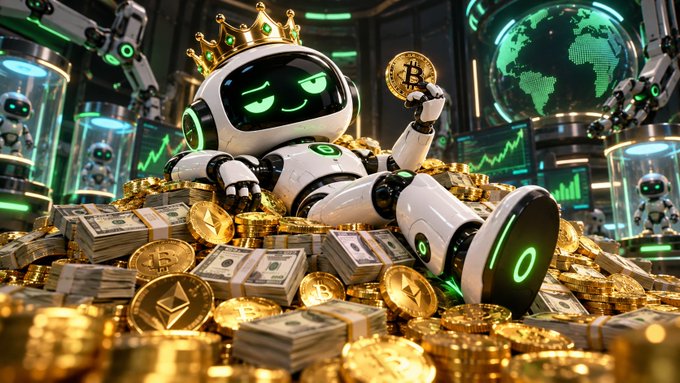 A 3D-rendered white robot wearing a gold crown lounging on a pile of gold coins, Bitcoin tokens, and stacks of dollar bills.