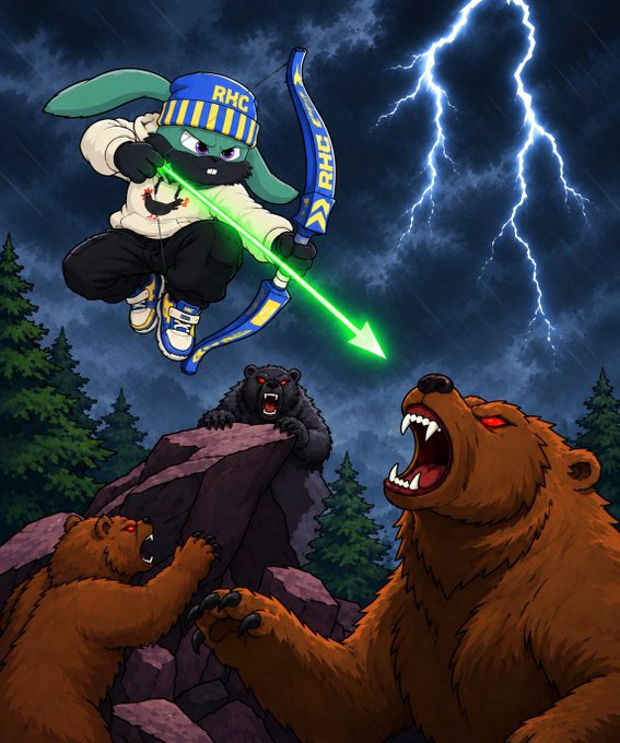 An illustration shows a character wearing an 'RHC' cap and gear shooting a green energy arrow at two menacing bears during a thunderstorm.