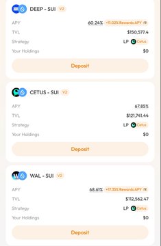 A screenshot of a DeFi/crypto lending platform showing deposit options for 'DEEP-SUI' (APY 60.24%), 'CETUS-SUI' (APY 67.85%), and 'WAL-SUI' (APY 68.61%).