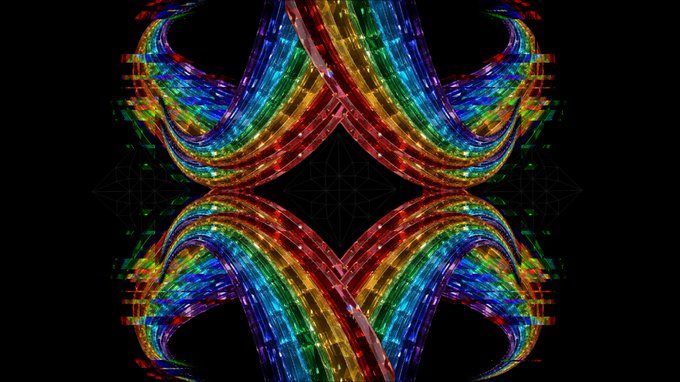 A symmetrical abstract design with rainbow-colored, intertwined glowing ribbons against a black background.