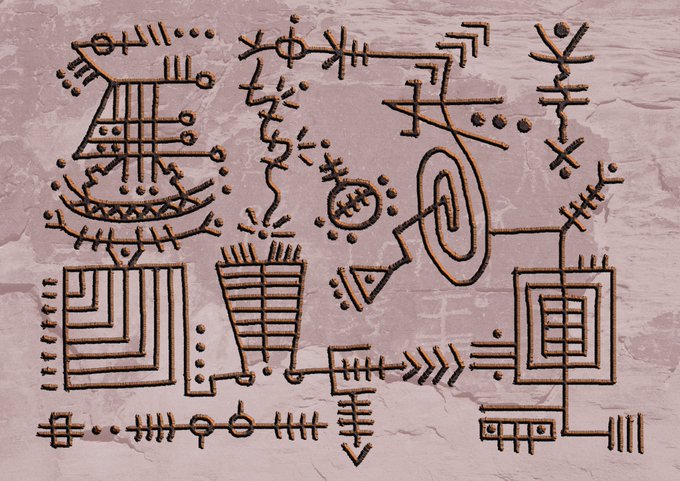 An intricate collection of ancient-style petroglyphs or hieroglyphic symbols carved into a pinkish-tan stone surface, featuring abstract figures, geometric patterns, and a boat-like shape.