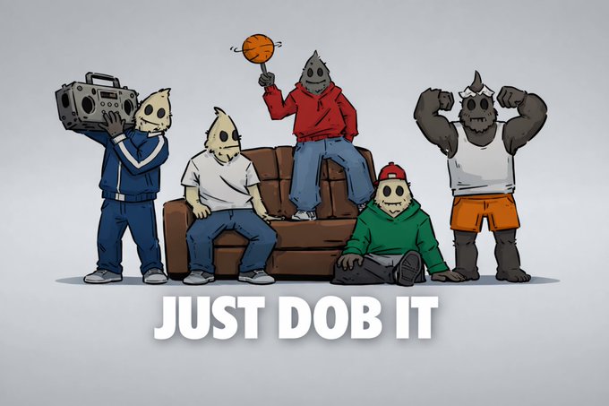 The image features a cartoon illustration of five anthropomorphic characters sitting together on a couch. The text "Just Dob It" is written below them, indicating that they are promoting an activity or product related to Dobbing.