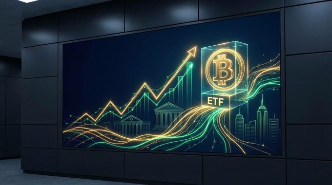 A large digital display mounted on a dark wall shows a Bitcoin ETF graphic with glowing green and gold chart lines and city skyline imagery.
