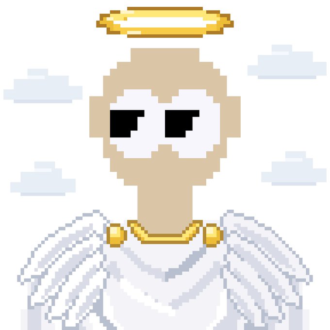Pixel art of an angel with a golden halo, sunglasses, white robes, and a golden necklace.