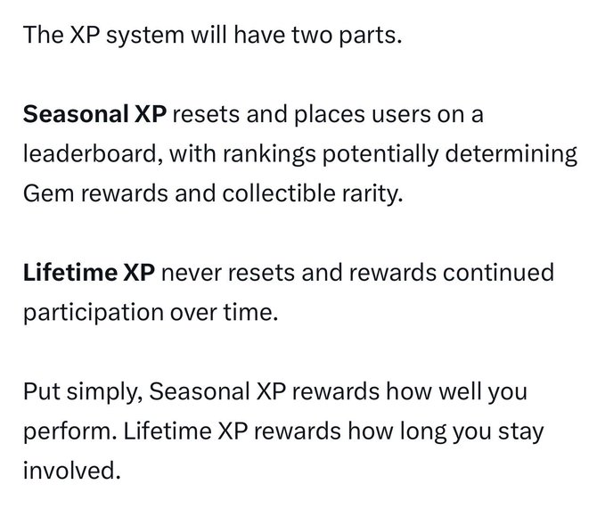 The image outlines a dual XP system with "Seasonal XP" resetting to place users on a leaderboard for Gem rewards and collectible rarity, and "Lifetime XP" that never resets to reward ongoing participation. This relates to the post by suggesting that strong initial rewards from OMI could drive users to stake in order to compete on the Seasonal leaderboard and accumulate Lifetime XP.
