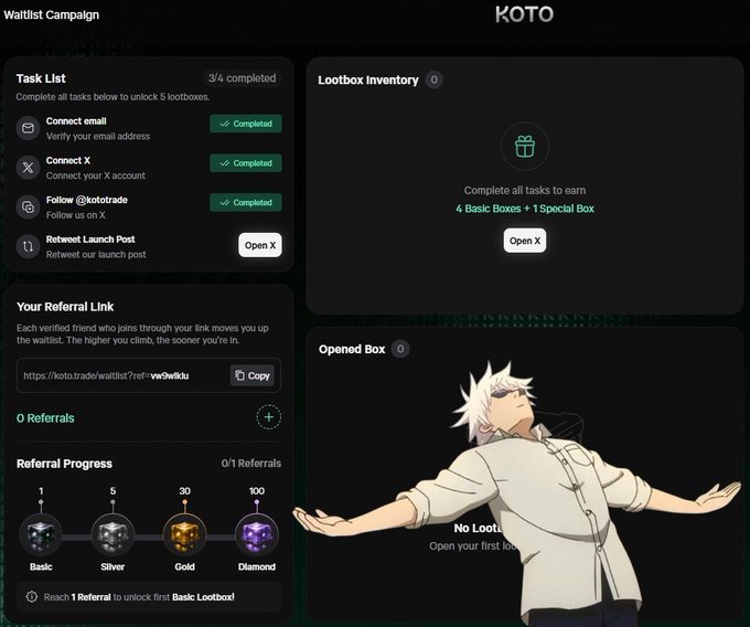The image shows a KOTO Waitlist Campaign dashboard featuring a task list (3/4 completed: Connect email, X account, and Retweet done), a referral link system with tiers (Basic 1, Silver 5, Gold 30, Diamond 100), and a lootbox inventory promising "4 Basic Boxes + 1 Special Box" for completion, with an anime-style character displayed in the opened box section.

The image relates to the post by showcasing KOTO Trade's promotional waitlist campaign, demonstrating how the platform is actively building community engagement and incentivizing user participation through a gamified reward system—a common tactic used by emerging DeFi/perp trading protocols to drive adoption before their consolidated onchain trading interface launches.