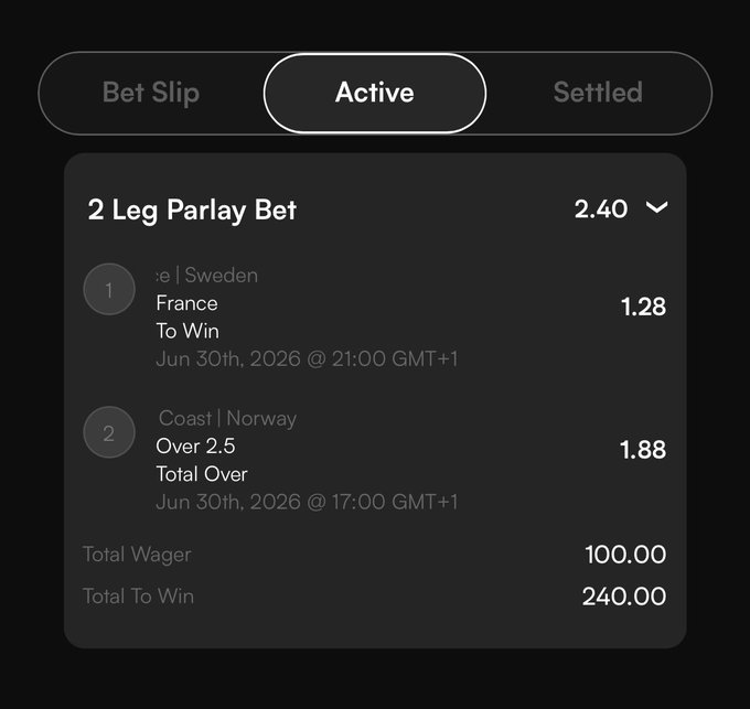 A screenshot of a 2-leg parlay bet on the DivvyBet app showing a wager of 100.00 to win 240.00, with picks on France to win (1.28) and a Norway match Over 2.5 Total (1.88), displaying a combined odds of 2.40. This matches the post's reference to placing a parlay on World Cup knockout fixtures while highlighting the platform's jackpot campaign promotion.