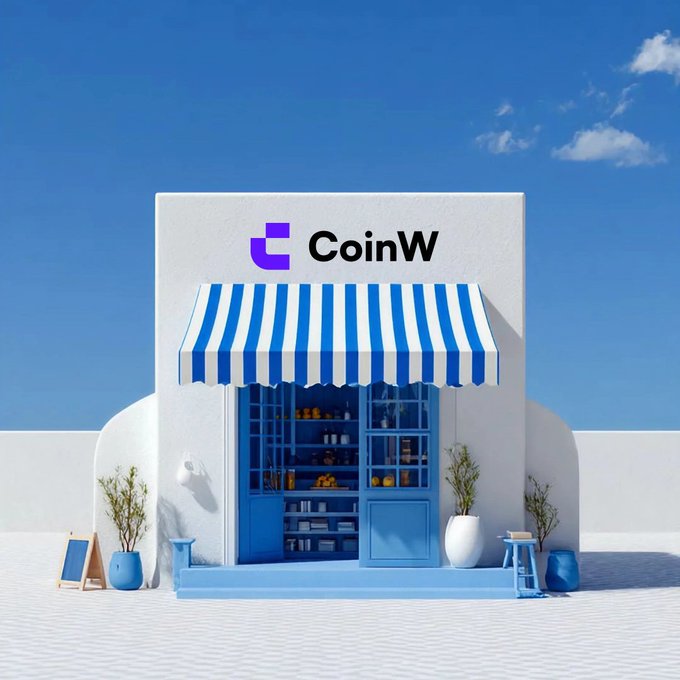 A 3D rendering of a white storefront with a blue-and-white striped awning displaying the 'CoinW' logo, set against a clear blue sky.