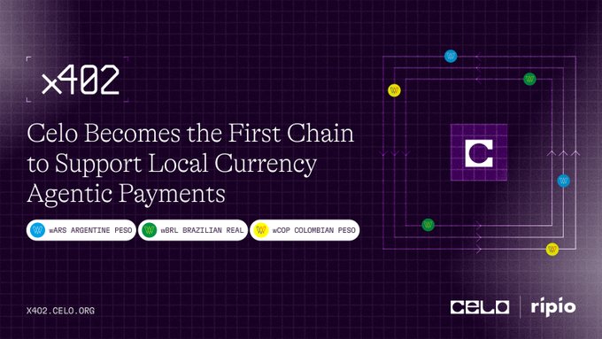 A purple promotional graphic reading 'x402 Celo Becomes the First Chain to Support Local Currency Agentic Payments' with logos for CELO and ripio, and tags for Argentine Peso, Brazilian Real, and Colombian Peso.
