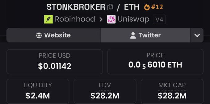 The image shows trading metrics for the token STONKBROKER/ETH on Uniswap V4 (paired via Robinhood), priced at $0.01142 USD (0.0₅6010 ETH), with $2.4M liquidity, $28.2M FDV, and $28.2M market cap. The post highlights bullish sentiment, predicting significant opportunities across chains and projecting higher prices for StonkBroker — a sentiment the low price and modest market cap in the image could support.