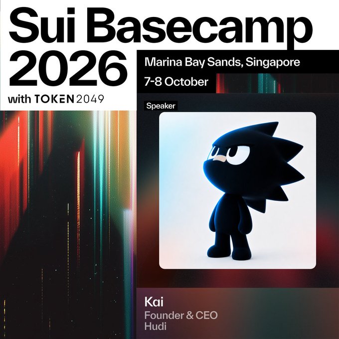 A promotional graphic for 'Sui Basecamp 2026 with TOKEN2049' taking place at Marina Bay Sands, Singapore, on 7-8 October, featuring speaker Kai, Founder & CEO of Hudi, next to a stylized black character.