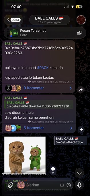 A mobile screenshot of a Telegram channel named 'BAEL CALLS' with Indonesian text discussing crypto trading, showing chat messages and images.