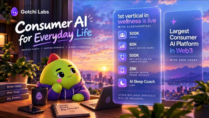 A promotional graphic for Gotchi Labs titled "Consumer AI for Everyday Life," featuring a green cartoon character and statistics such as 500K users, 80K daily active users, and 500K Jambo phone pre-installs.