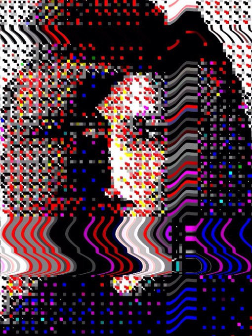 An abstract, glitch-style digital artwork featuring a pixelated figure and distorted wavy patterns in red, white, black, and blue.