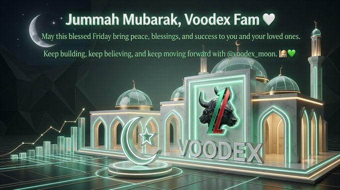 A 'Jummah Mubarak' greeting card from Voodex, wishing blessings for a Friday and featuring a 3D mosque alongside the Voodex logo and a crescent moon and stars.