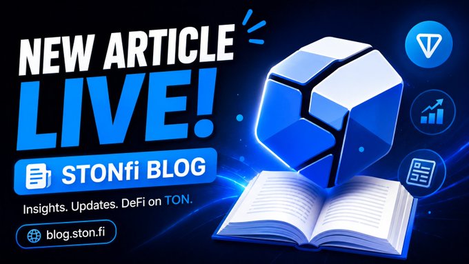 The image features an advertisement for a new article live event that is being hosted by STONFI Blog. The title of the event is "New Article Live!". Below this, there are two blue cubes floating above an open book with a blue triangle on top. The text in the image reads "New Article Live! Insights, Updates, Defi on TONN". This suggests that the event will be discussing recent updates and developments related to DeFi and the TON ecosystem.