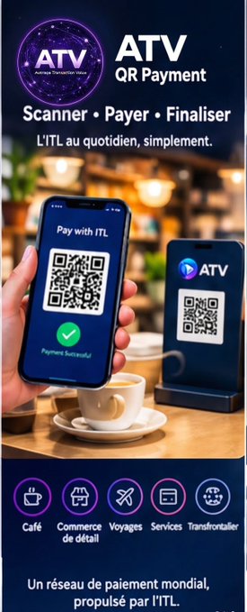 An advertisement for "ATV QR Payment" featuring a hand holding a smartphone scanning a QR code at a cafe, with the text "Scanner • Payer • Finaliser" and "L'ITL au quotidien, simplement."
