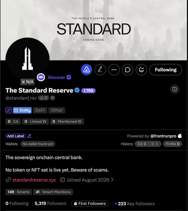 The image displays a Twitter/X profile page for "The Standard Reserve" (@standard_rsv), described as "The People's Central Bank" with a verified account and 1,705 score, though it notes no token or NFT is live yet to beware of scams. The accompanying post provides alpha details about the protocol, including its 1B hard cap for $STANDARD, 1,000 Founding Charters, and ETH fee allocation for vaults/POL/team, which directly corresponds to the profile's pre-launch status shown in the image.
