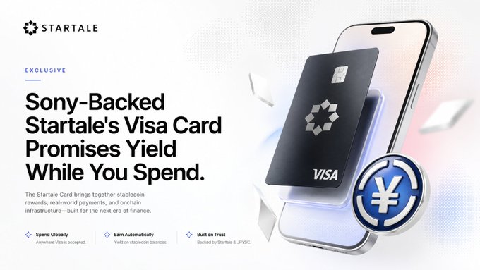 An advertisement for 'STARTALE' featuring a black Visa card displayed on a smartphone, with the headline 'Sony-Backed Startale's Visa Card Promises Yield While You Spend.'