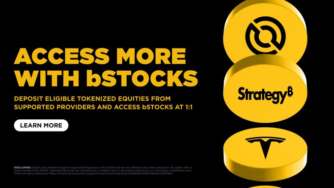 A Binance banner ad promoting "Access More with bStocks" featuring golden token coins labeled with logos for MSTR (Strategy B) and Tesla, inviting users to deposit eligible tokenized equities from supported providers and access bStocks at a 1:1 ratio, with a "Learn More" button and disclaimer text noting tokens are offered through an Authorized Prospectus in the ADGM and are not offered in any other jurisdiction.