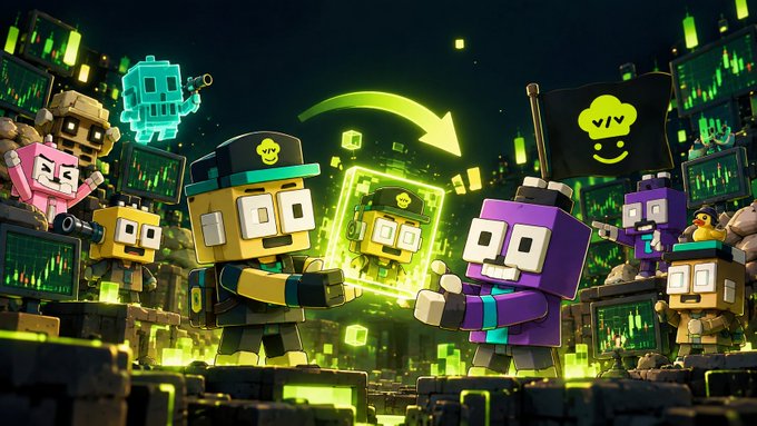 A vibrant 3D-rendered scene featuring blocky, voxel-style pirate characters with skull caps exchanging a glowing green skull emblem, set against a backdrop of pixelated green digital structures and a skull-and-crossbones flag.
