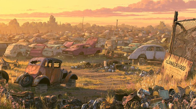 A vast junkyard filled with rusted, abandoned car parts and vehicles stretches toward a sunset horizon, with a prominent sign reading "CLUNKERHOOD" posted on a chain-link fence on the right side. The image perfectly ties to the giveaway post, visually representing the Clunkerhood brand's theme of discarded cars and automotive parts, making it an ideal backdrop for the 25-spot Twitter giveaway.