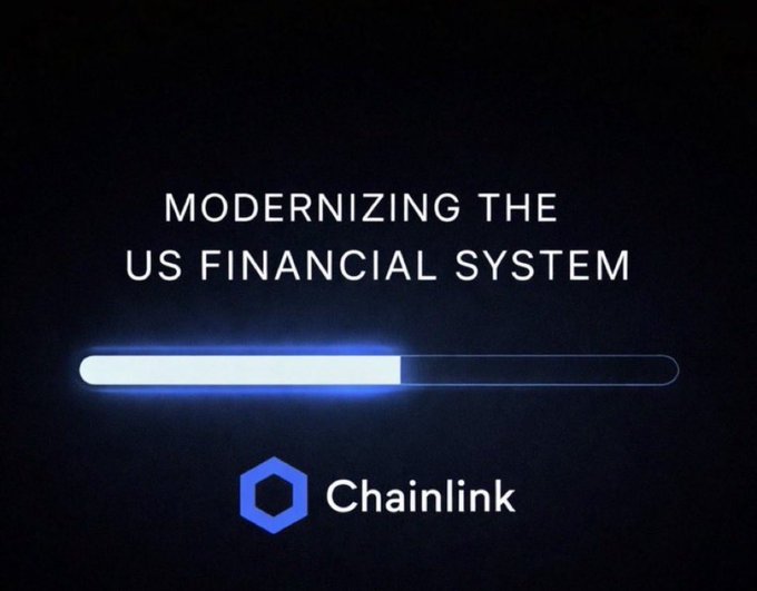 A dark screen with white text reading 'MODERNIZING THE US FINANCIAL SYSTEM' above a glowing progress bar and the Chainlink logo.